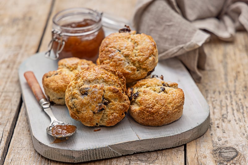 Fruit scones with rhubarb jam