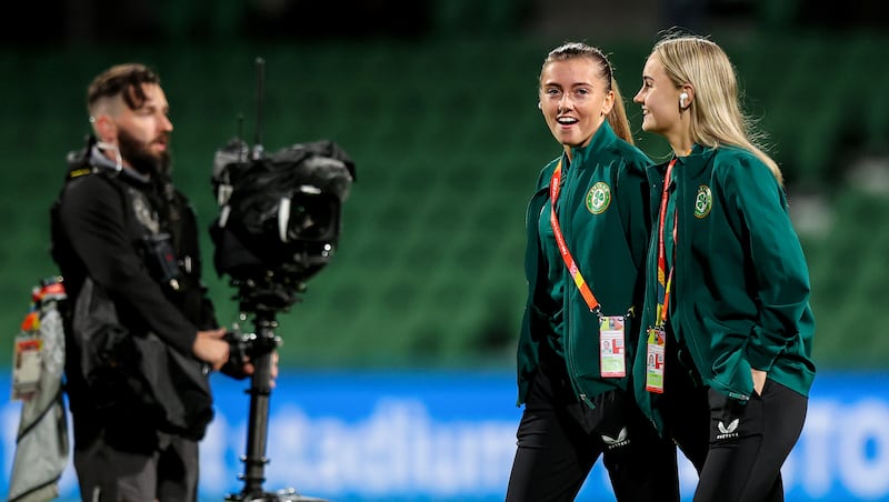 Abbie Larkin (left) and Izzy Atkinson before Ireland's opening game at the 2023 World Cup in Australia. Photograph: Ryan Byrne/Inpho