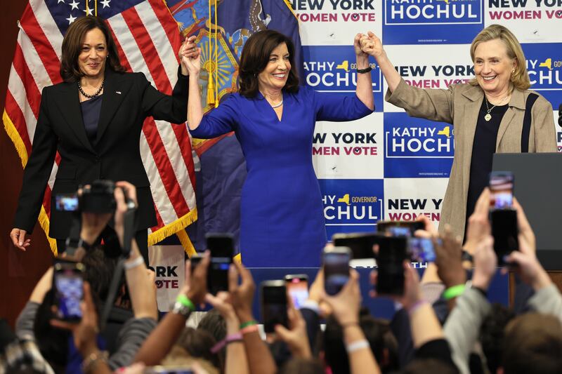 US vice-president Kamala Harris, New York governor Kathy Hochul and former secretary of state Hillary Clinton at the conclusion of a New York Women 'Get Out The Vote' rally on Thursday  Photograph: Michael M Santiago/Getty Images