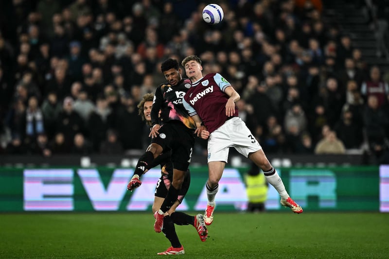 Ferguson battles for the ball with James Justin in a West Ham v Leicester City Premier League tie in February. Photograph: Ben Stansall/AFP/Getty   