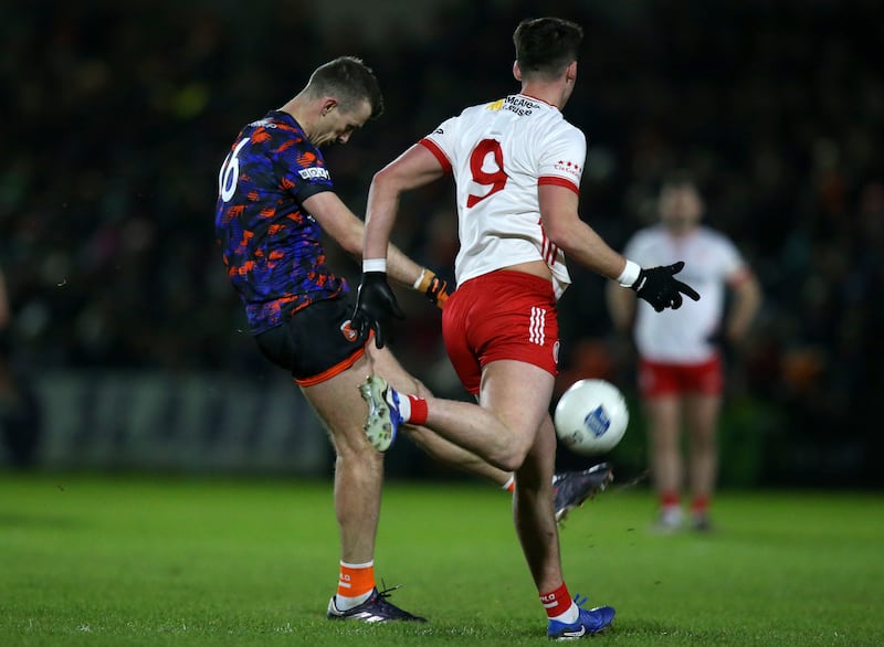 Armagh goalkeeper Ethan Rafferty kicks a two pointer against Tyrone. Photograph: Leah Scholes/Inpho