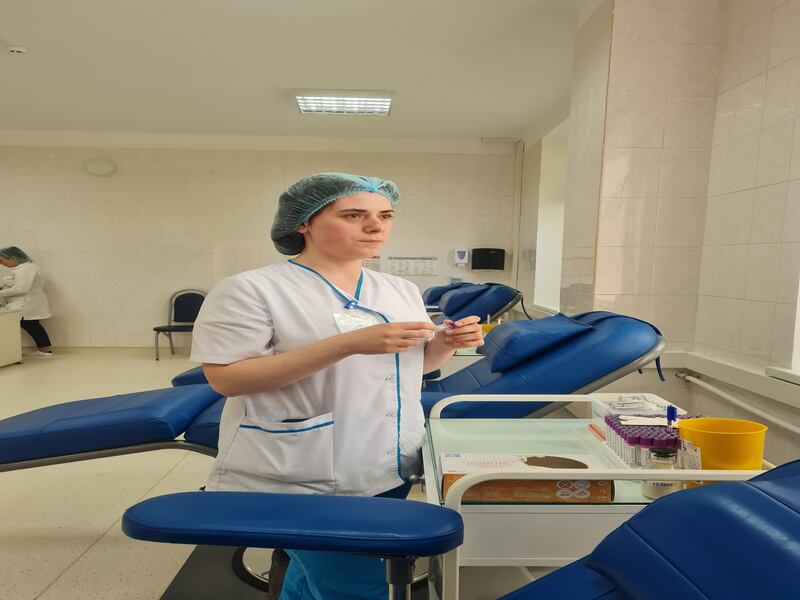 Nurse Cristina Zmochu,  a Ukrainian refugee who works at Moldova’s National Blood Centre. Photograph: Naomi O'Leary