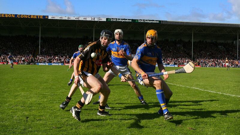 Kilkenny’s Michael Rice and Shane McGrath of Tipperary contest a loose ball during the 2009 league final at Thurles. Photograph: Cathal Noonan/Inpho