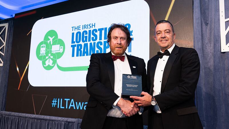 Declan Allen, head of logistics, supply chain and project management of Technological University Dublin presents the independent transport operator of the year to Mark Clare, Clare Distribution Services