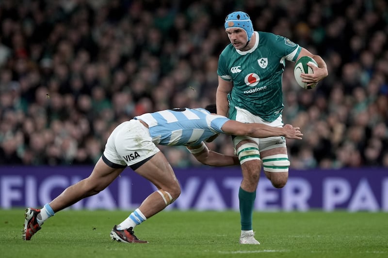 Ireland's Tadhg Beirne is tackled by Argentina's Lucio Cinti. Photograph: Brian Lawless/PA

