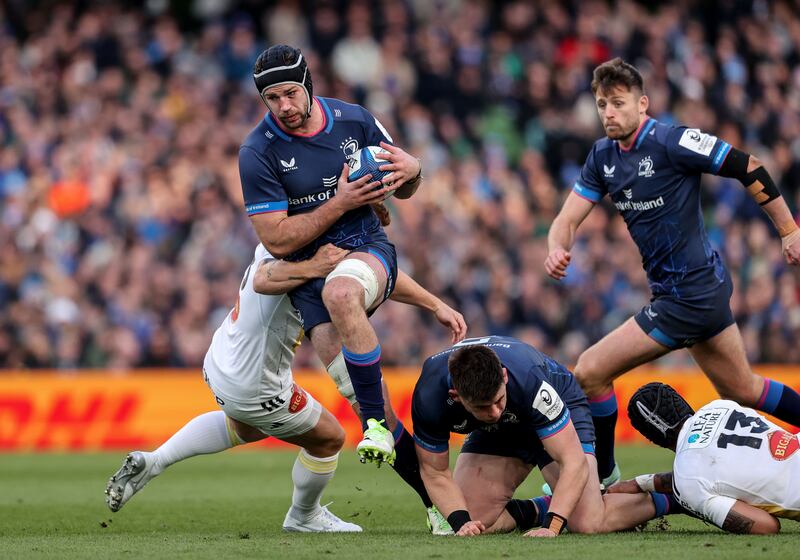 Leinster's Caelan Doris breaks through a La Rochelle tackle during the Champions Cup quarter-final at the Aviva Stadium. Photograph: Dan Sheridan/Inpho 