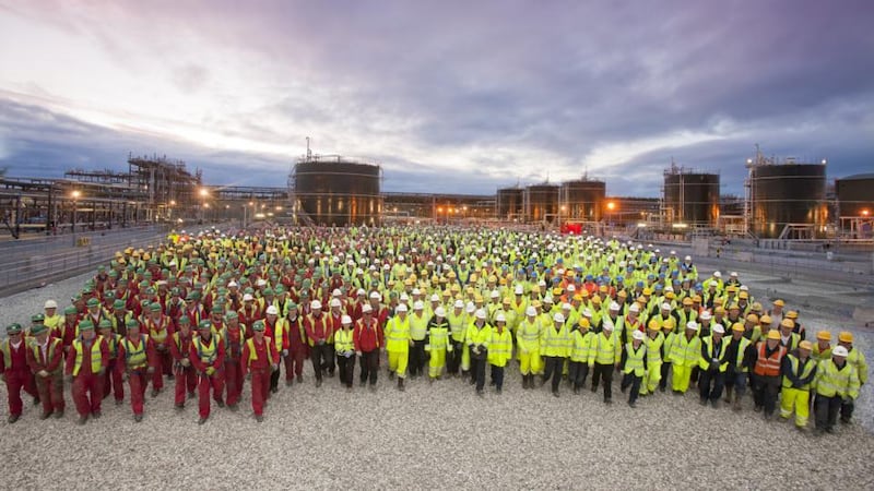 Corrib legacy: workers at the Bellanaboy Bridge gas terminal during its construction. Photograph: Shell Ireland