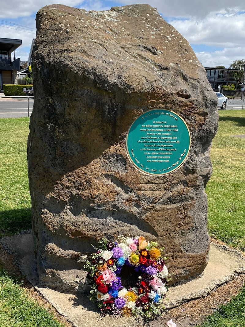 The Famine Rock memorial standing stone at Williamstown, Melbourne