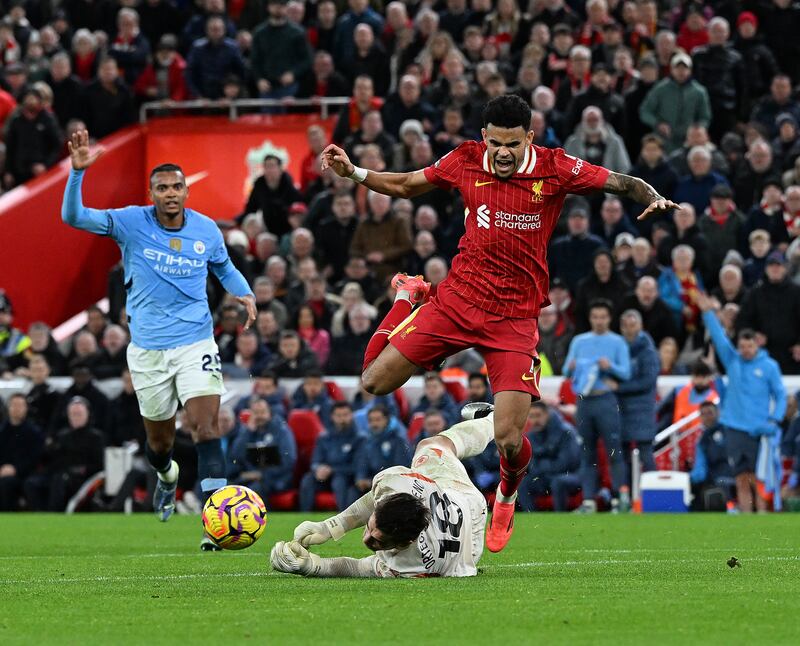 Luis Diaz of Liverpool is taken out for a penalty during the Premier League match with Manchester City at Anfield. Photograph: John Powell/Liverpool FC via Getty Images