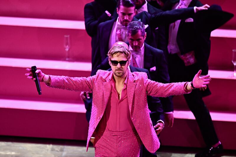 Ryan Gosling performs I'm Just Ken from Barbie onstage during the Oscars. Photograph: Patrick T Fallon/AFP/Getty