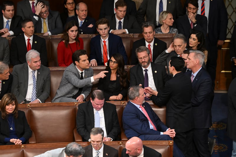  Matt Gaetz (second left), gestures at Kevin McCarthy during a dramatic late-night session. Photograph:Kenny Holston/The New York Times