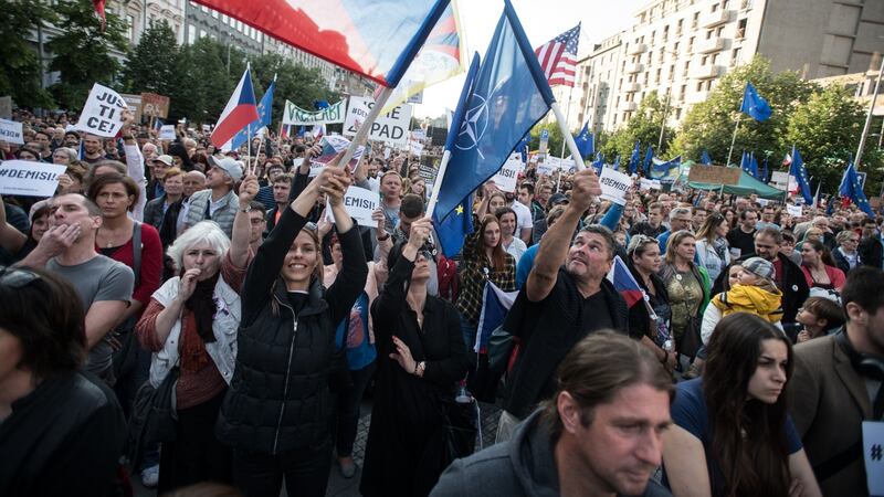 Demonstrators  in Wenceslas Square in Prague demanding an investigation into allegations of fraud by the Czech prime minister Andrej Babis. Photograph: Rene Volfik/AFP/Getty Images