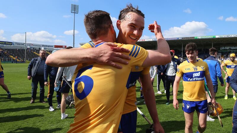 Clare’s John Conlon and Peter Duggan celebrate their win over Tipperary on Sunday. Photograph: Bryan Keane/Inpho