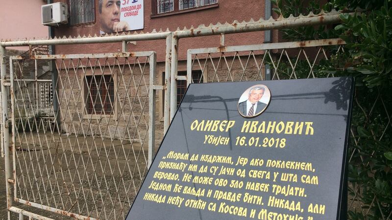 A memorial to Kosovo Serb politician Oliver Ivanovic  where he was shot dead outside his office in Mitrovica in January 2018. Photograph: Dan McLaughlin