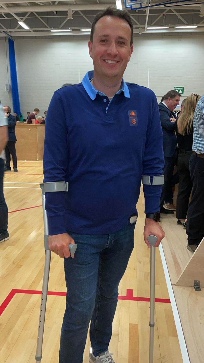 Tralee’s FF cllr Mikey Sheehy on tendon hooks at count in Killarney. Photograph: Anne Lucey