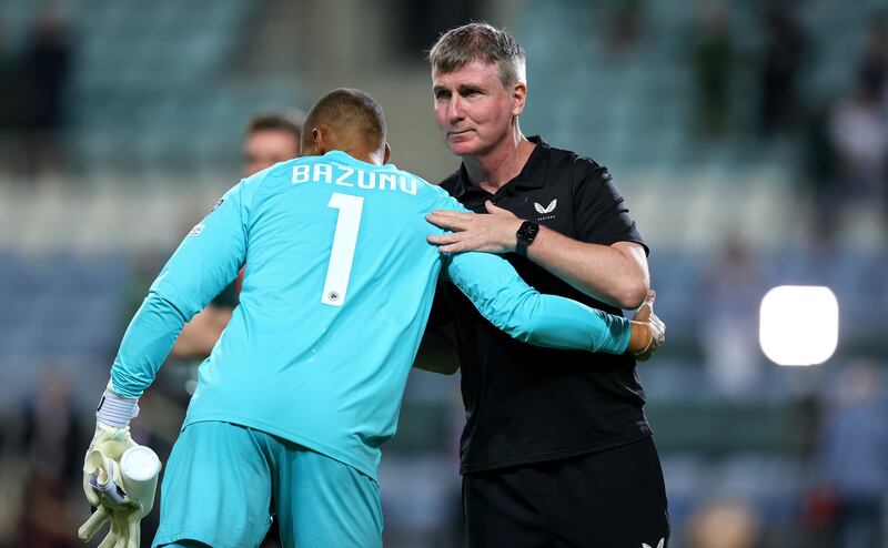 Ireland’s Gavin Bazunu with manager Stephen Kenny after the game. Photograph: Ryan Byrne/Inpho