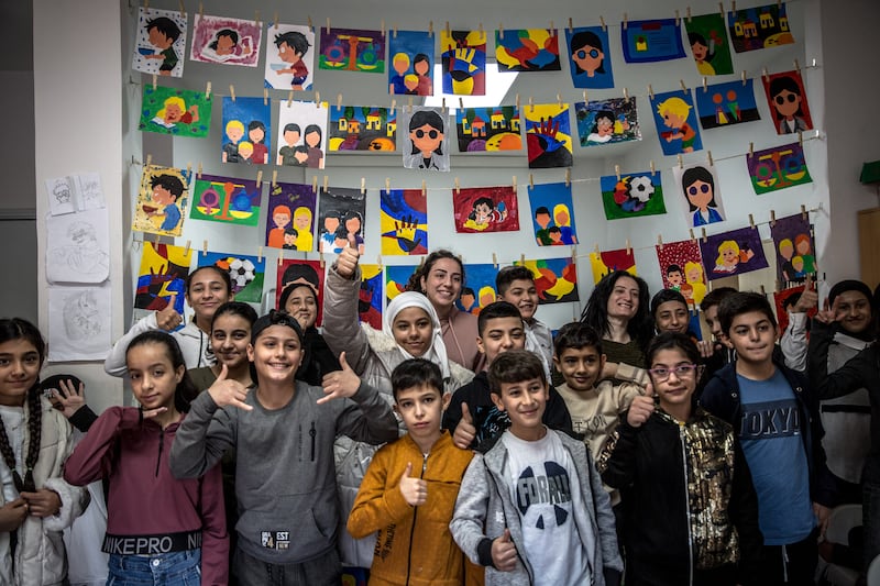 Children celebrate Children's Day at a centre run by Mouvement Social in Beirut. Photograph: Sally Hayden