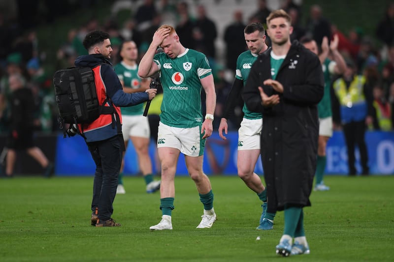 A dejected Ciaran Frawley of Ireland at the end of the Autumn Nations Series 2025 match between Ireland and New Zealand. Photograph: Charles McQuillan/Getty