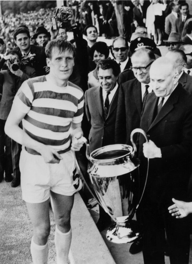 Billy McNeill of Celtic receives the European Cup trophy from the President of Portugal after the Scottish side’s 2-1 victory over Inter Milan in Lisbon in the European Cup final. Photograph:   Central Press/Getty Images