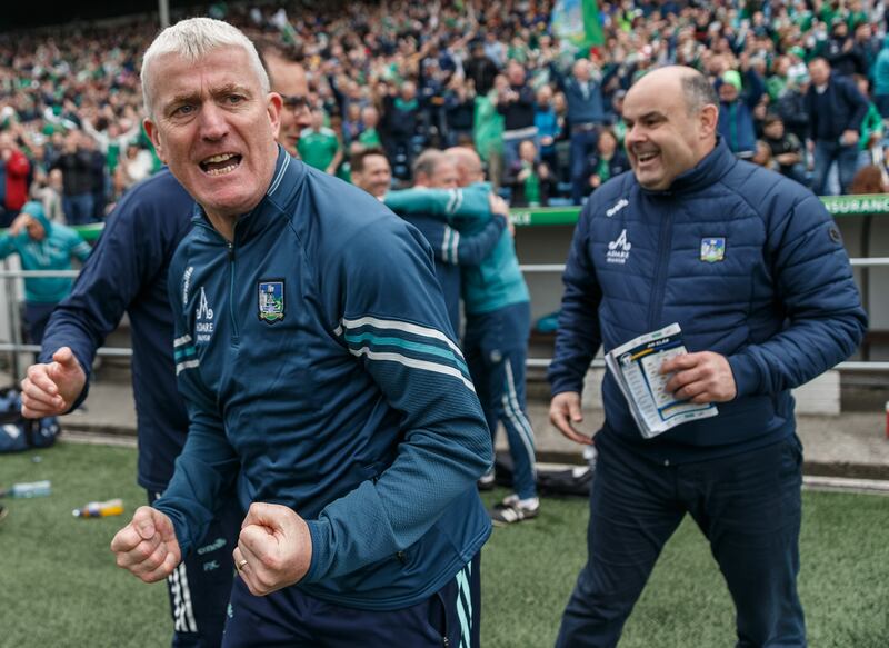 Limerick’s manager John Kiely at the final whistle in the Munster senior hurling championship final against Clare at Semple Stadium, Thurles. Photograph: James Crombie/Inpho