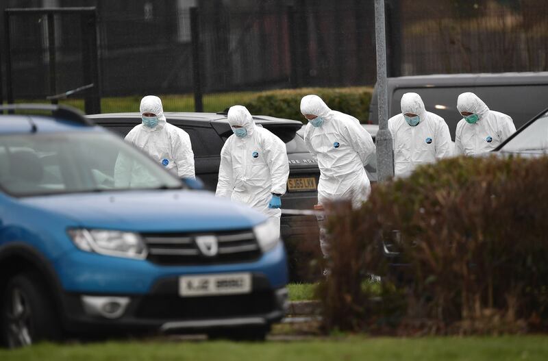 Police forensics examine the scene of the shooting at the Youth Sports Centre in Omagh. Photograph: Charles McQuillan/Getty Images