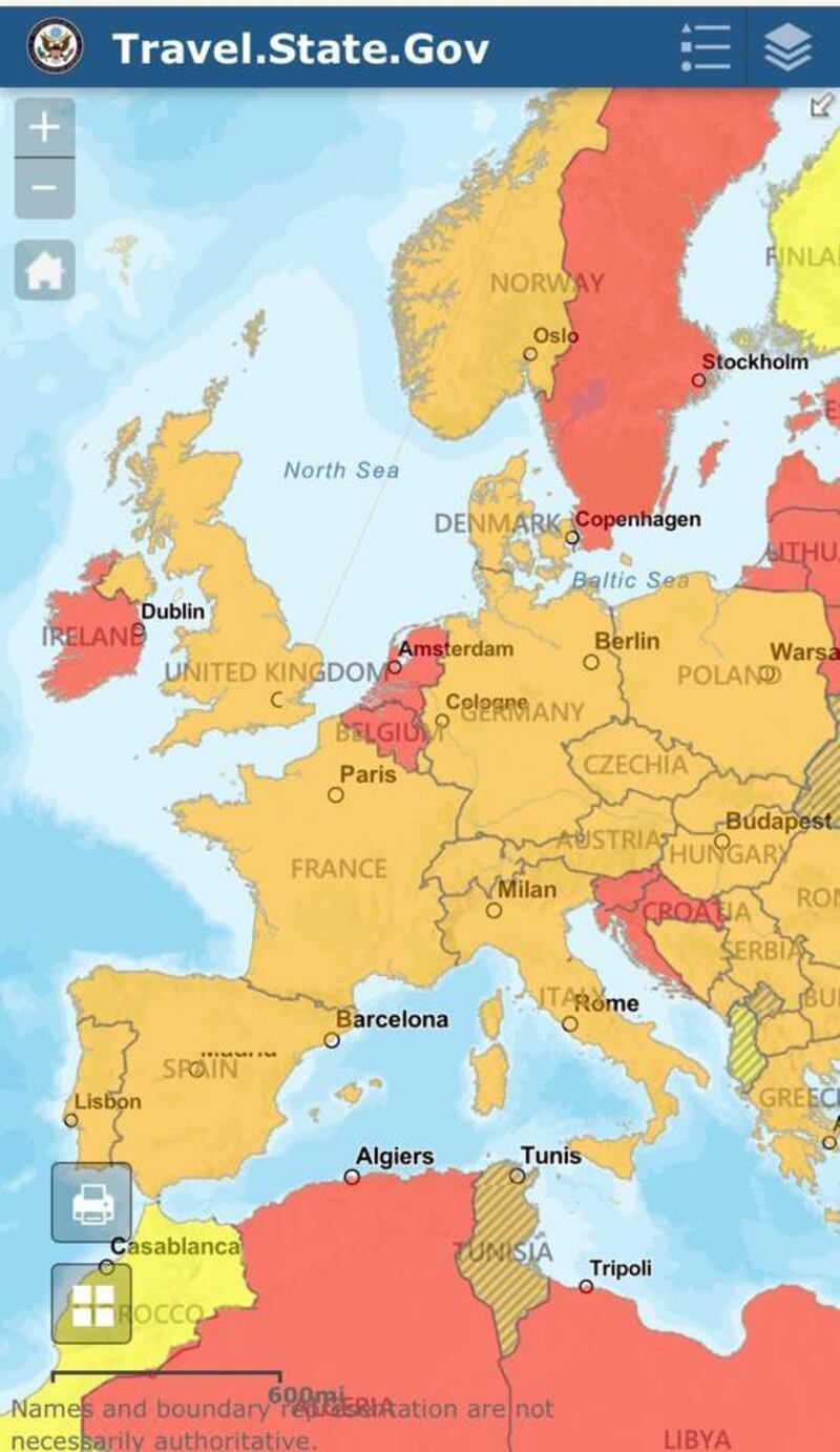 The US travel advisory map prior to the state department changing Ireland's status on Tuesday.