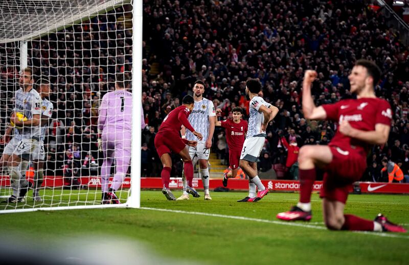 Liverpool's Virgil van Dijk turns to celebrate after scoring against Wolves in their Premier League match at Anfield, Liverpool, on March 1st, 2023. Photograph: PA