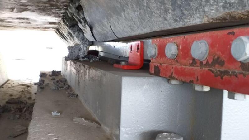 Photograph showing crumbling concrete on one of the support piers on the Rose Fitzgerald Kennedy Bridge in Co Wexford before it was repaired.