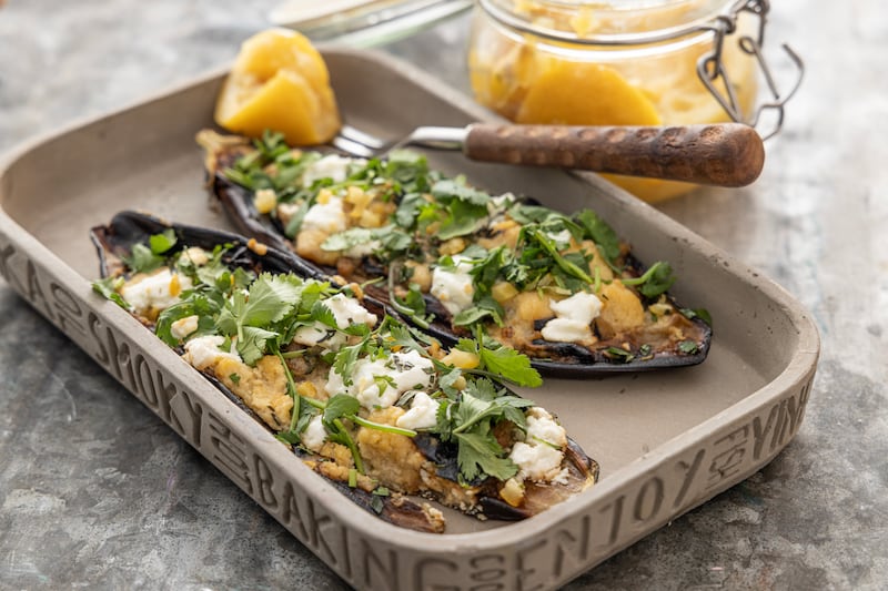 Roasted aubergine and chickpea hummus with feta and preserved lemon. Photograph: Harry Weir Photography