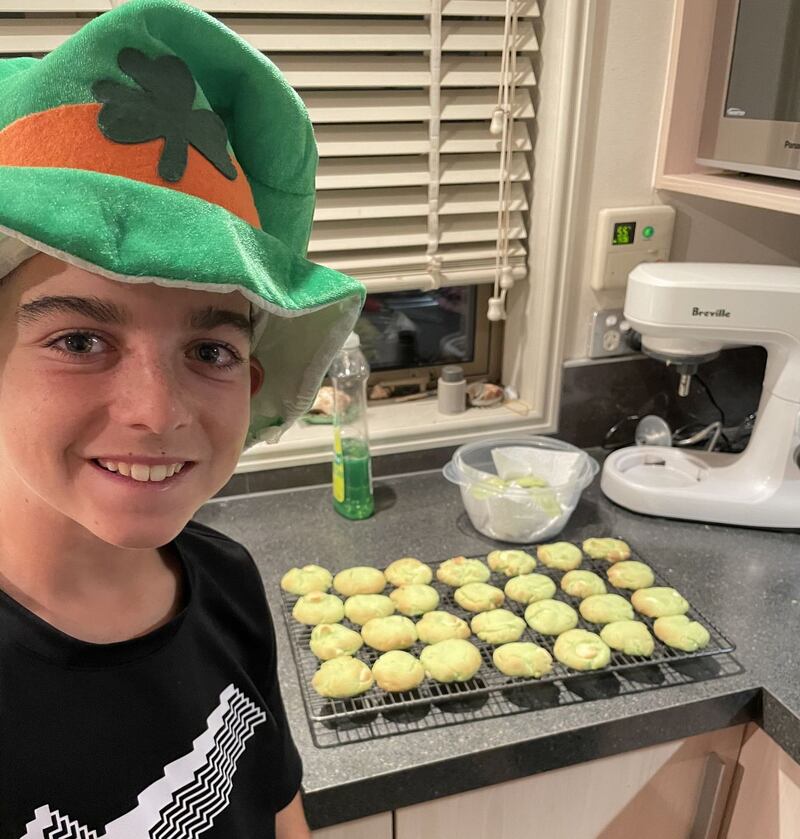 St Patrick’s Day: Ryan Kidd with the cookies he’s baked to share with his class in New Zealand