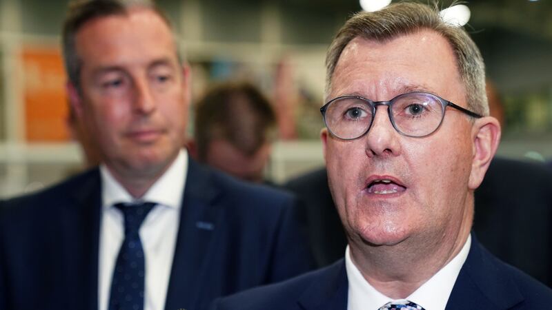 DUP leader Sir Jeffrey Donaldson speaks to the media after he was announced elected for the Lagan Valley constituency at Ulster University Jordanstown count centre in Newtownabbey. Photograph:  Brian Lawless/PA Wire