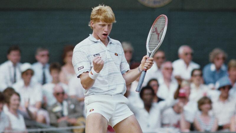 Boris Becker of Germany pumps his fist in celebration during his men’s singles final match against Kevin Curren at Wimbledon. Photograph: Allsport/Getty Images