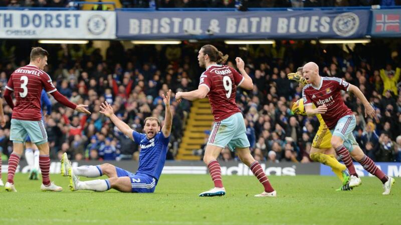 Chelsea’s Branislav Ivanovic claims for a penalty during their English Premier League soccer match between Chelsea and West Ham United at Stamford Bridge.