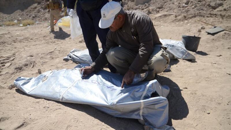 A member of an Iraqi forensic team at the site where the suspected mass graves of Shia soldiers killed by Islamic State militants were discovered. Photograph: Reuters/Stringer