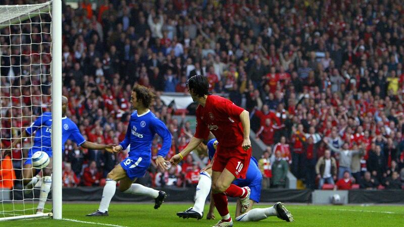 Liverpool’s Luis Garcia  watches his shot head for goal as Chelsea’s William Gallas  tries to clear the ball in the Champions League semi-final second leg football match at Anfield in May 2005. Photograph: Getty Images