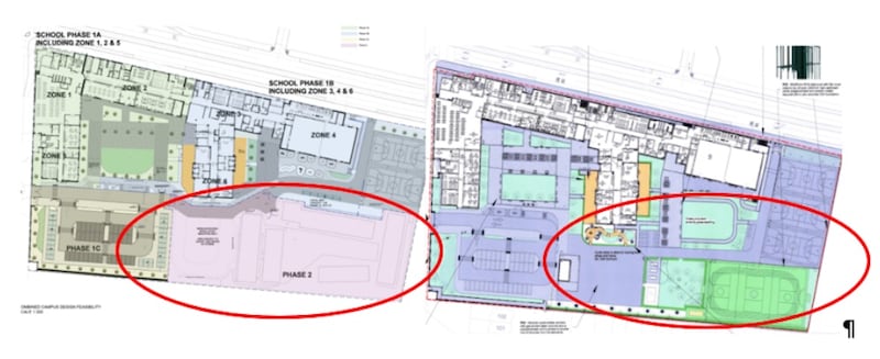 Original plans for the development of sports facilities at Belmayne Educate Together Secondary School (circled, right) compared with plans for retaining existing prefabs (circled, left)