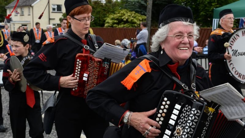 Music fills the air at the Twelfth of July demonstration in Markethill, Co Armagh, on Saturday. Photograph: Dara Mac Dónaill