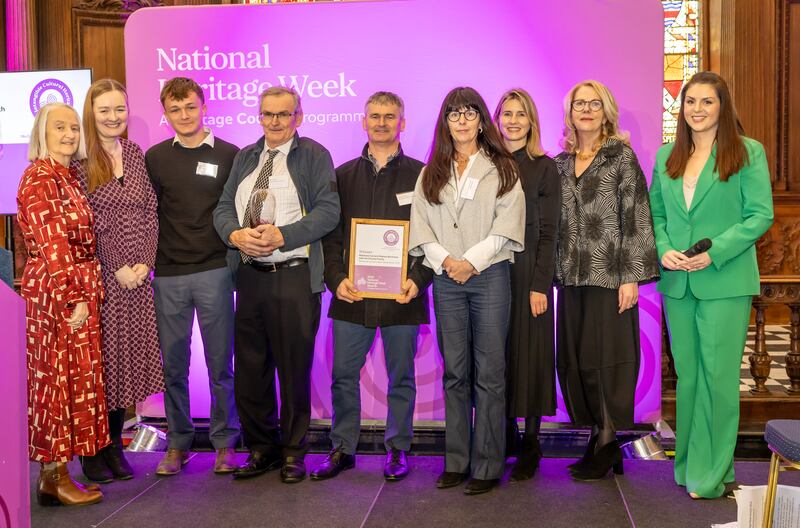 Mikey O’Leary, Monty O’Leary, Micheál O’Leary, Patricia Browne and Martha Farrell, representing Maharees Conservation Association CLG, accept the Intiangiable Cultural Heritage Award, with Dr Martina Moloney, Eadaoin Ní Mhuircheartaigh, Virginia Teehan and Síle Seoige at the Heritage Council’s National Heritage Week awards ceremony in the Royal Hospital, Kilminaham