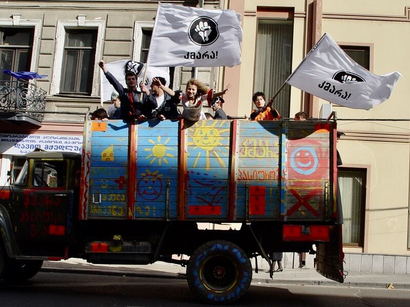 Protesters in Tbilisi during Georgia's peaceful pro-democracy Rose Revolution in 2003. Photograph courtesy of Nini Gogiberidze