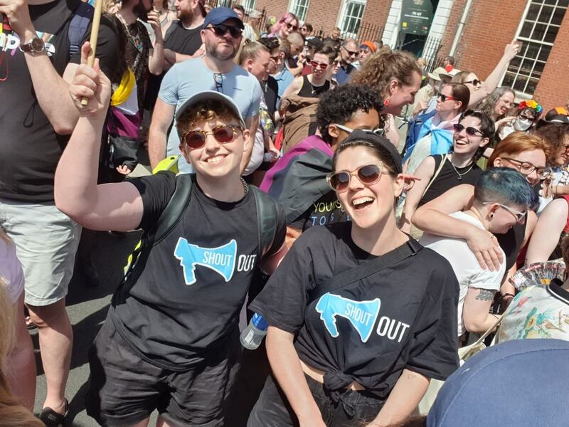 Ruadhán Ó Críodáin (left), executive director of Shoutout, at Trans and Intersex Pride 2022