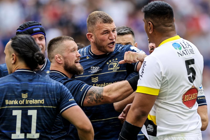 Tempers flare between Leinster's Andrew Porter and Ross Molony and La Rochelle's Will Skelton during the 2022 Champions Cup final at the Orange Velodrome, Marseille. Photograph: James Crombie/Inpho