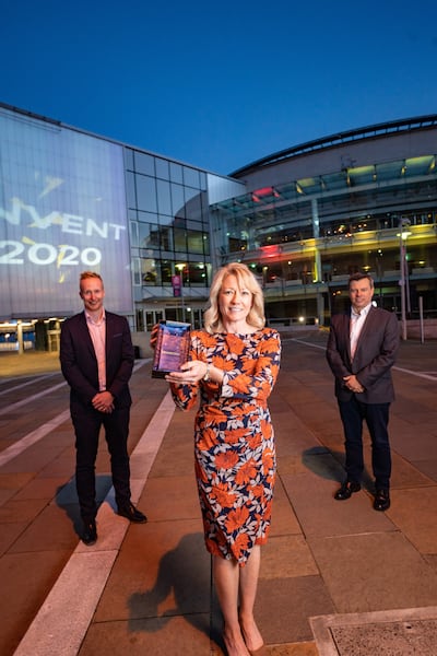 Prof. Bridgeen Callan pictured with her Invent award in 2020, with Niall Devlin, head of business banking NI at Bank of Ireland and Steve Orr, chief executive of Catalyst