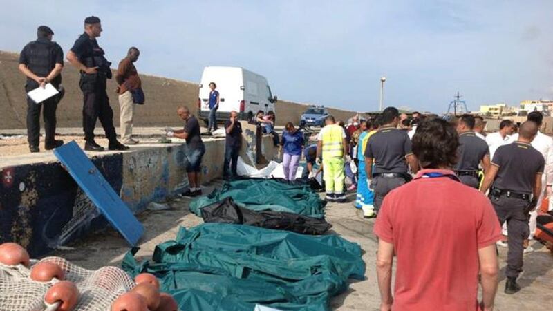 Body bags containing African migrants, who drowned trying to reach Italian shores, lie in the harbour at Lampedusa, Sicily, this morning.  Photograph: Nino Randazzo/ASP/Reuters