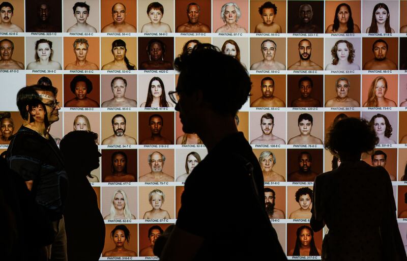 Photographic work by Brazilian artist Angelica Dass, part of the Nude, The Naked Body in a contemporary photography exhibition in the former art squat Kunsthaus Tacheles in Berlin. Photograph: John Macdougall/AFP via Getty Images