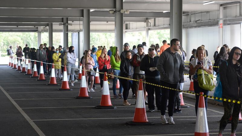 People gather in a queue for the reopening of Ikea, in Dublin. Photograph: Dara Mac Dónaill