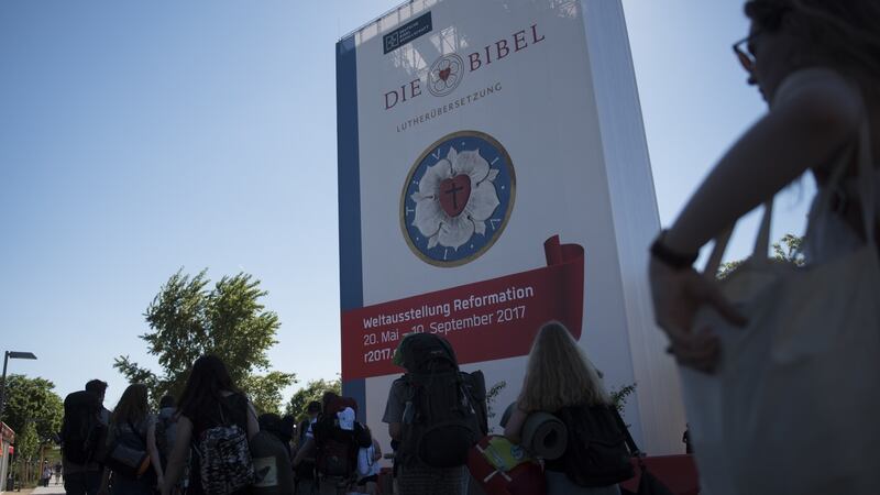 In Wittenberg, the greatest story ever told is now the world’s largest Bible: 27m high, with a viewing platform on top and every word of the New Testament on one side. Photograph: Steffi Loos/Getty Images