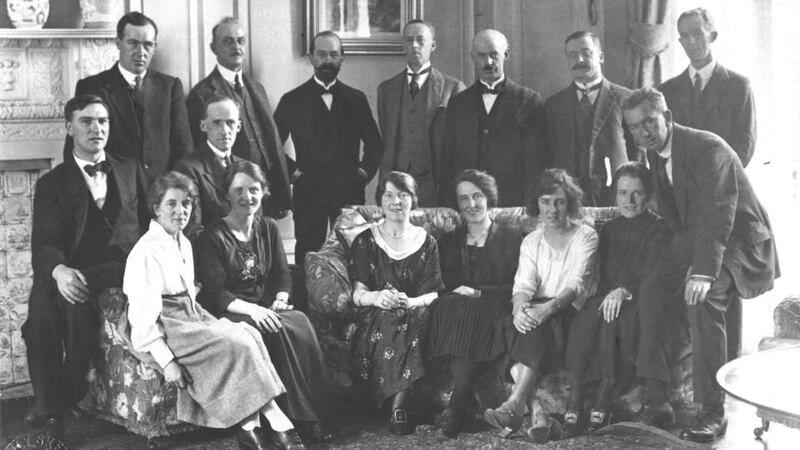 The Irish contingent in Hans Place, London during the Treaty negotiations in 1921, including Kathleen McKenna, third right, seated in front of Arthur Griffith