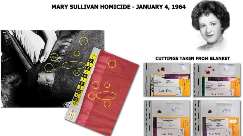 A chart prepared by Suffolk district attorney Dan Conley’s office showing the location of biological evidence retrieved from the scene of Mary Sullivan’s murder in her apartment at 44A Charles Street, Boston, and slides of additional biological evidence recovered at her 1964 autopsy are pictured in this photo courtesy of Suffolk County district attorney’s office received on July 12th. Photograph: Suffolk County District Attorney’s Office/Reuters