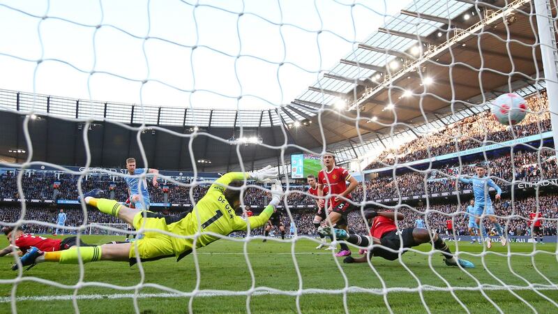 Kevin De Bruyne scores Manchester City’s second goal during the Premier League game against Manchester United at the Etihad Stadium. Photograph: Alex Livesey/Danehouse/Getty Images