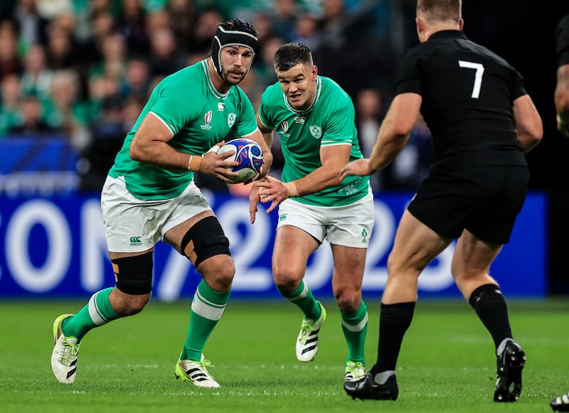 Ireland’s Caelan Doris and Sexton. Photograph: Billy Stickland/Inpho